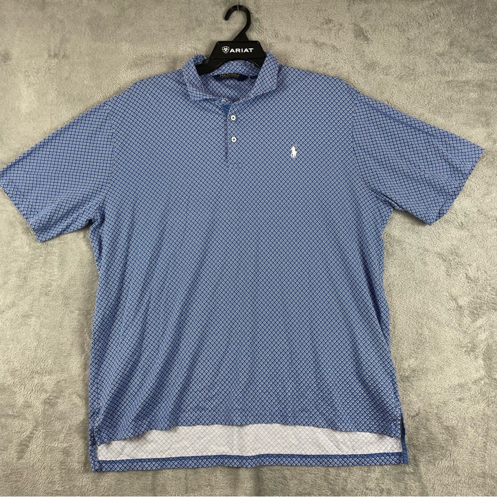 Polo Ralph Lauren Mens 2XL XXL Blue Geometric Long Tail Short Sleeve Shirt